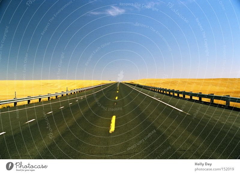 On the road again... Far-off places Summer Horizon Beautiful weather Field Traffic infrastructure Street Highway Free Infinity Blue Yellow Safety Protection