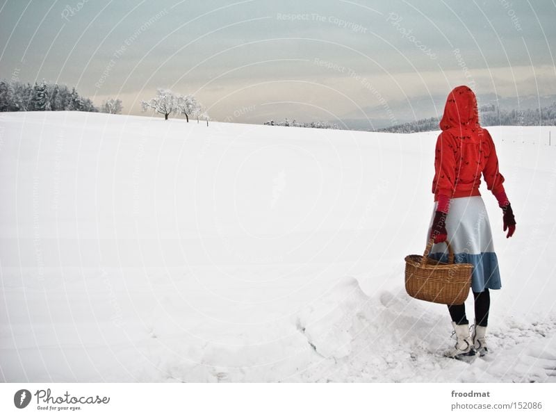 woman antje Winter Snow Little Red Riding Hood Fairy tale Tree Mountain Switzerland Cold White Gray Calm Basket Bleak