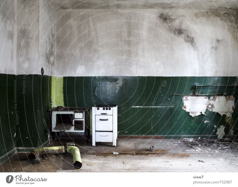 stovepipe Stove & Oven Kitchen Open Direct Old Loneliness Going Shabby Green Iron-pipe Chimney Fume cupboard GDR flag Colour Plaster Detail Derelict