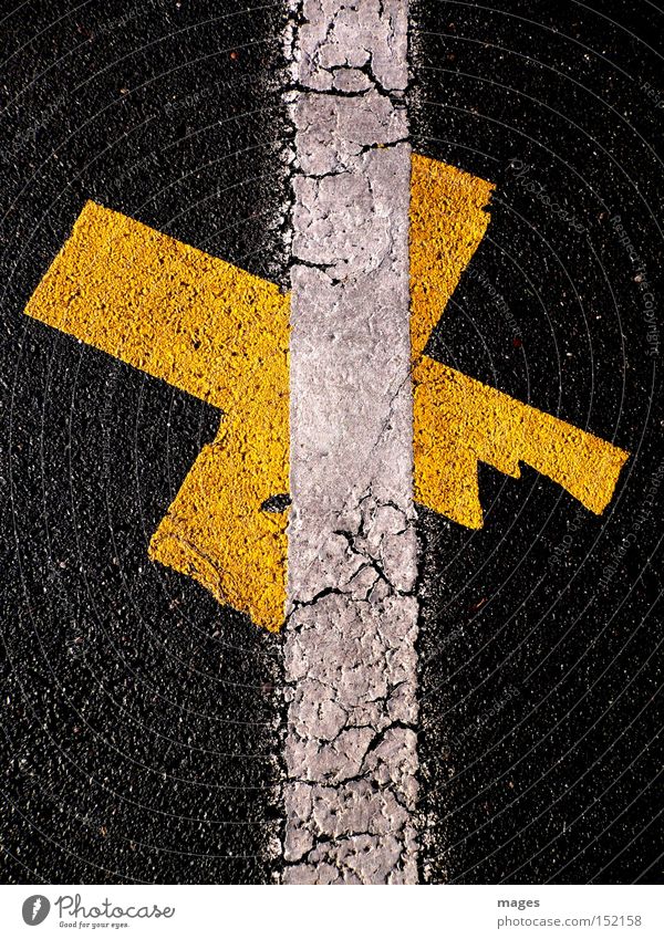 Crisscrossed Street Asphalt Tar Signs and labeling Line White Orange Crucifix Parking lot Cross out Traffic infrastructure Graffiti Mural painting Detail