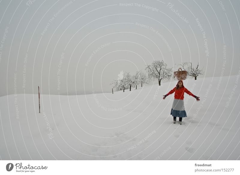 balancing act Winter Little Red Riding Hood Fairy tale Tree Mountain Switzerland Cold White Gray Calm Basket Bleak