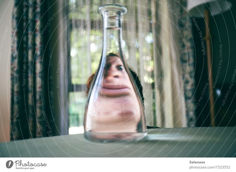 The view through the bottle Drinking Alcoholic drinks Spirits Human being Face 1 Boredom Healthy Alcohol-fueled Bottle Neck of a bottle Colour photo