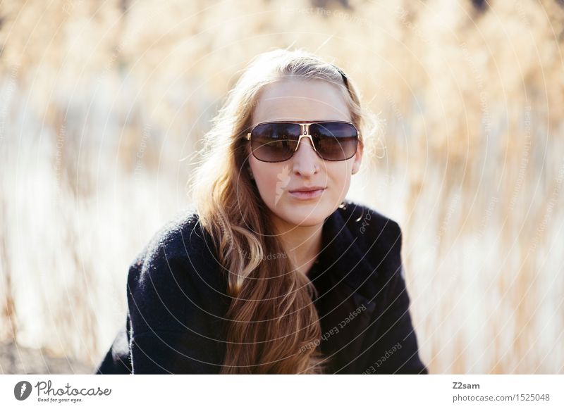 You like this? Feminine Young woman Youth (Young adults) 1 Human being 18 - 30 years Adults Nature Common Reed Lakeside Coat Sunglasses Smiling Looking