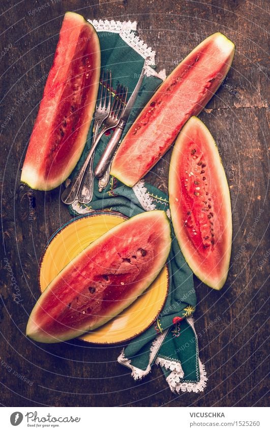 Chopped watermelon on rustic kitchen table with cutlery Food Fruit Dessert Lunch Buffet Brunch Picnic Organic produce Vegetarian diet Diet Beverage Juice
