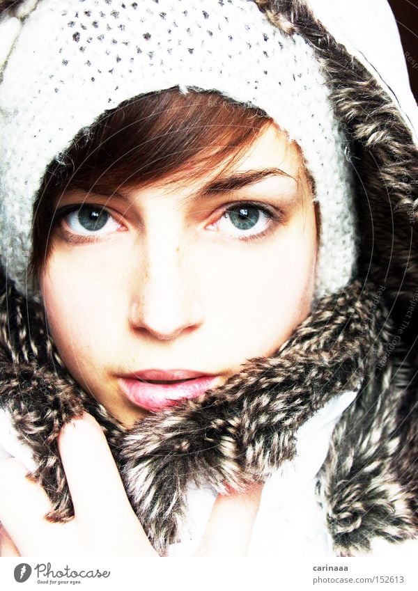 Walking in a winter wonderland... Human being Woman Beautiful Cap Jacket Cold Winter Frost Lips Skin Delicate Narrow Snow Eyes Nose