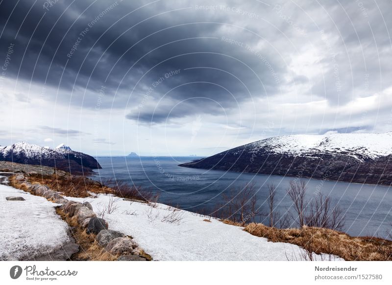 Finnmark Far-off places Freedom Nature Landscape Elements Air Water Sky Clouds Storm clouds Horizon Spring Climate Bad weather Wind Gale Rain Rock Mountain