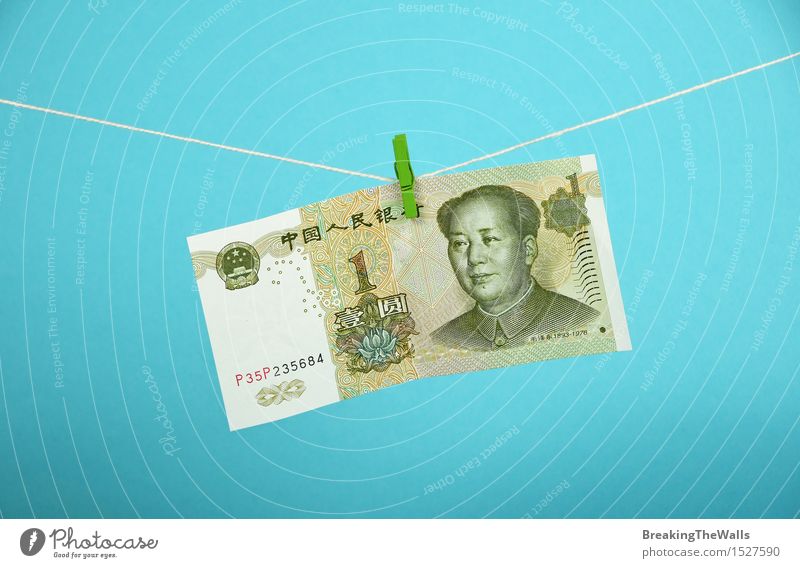 One yuan banknote hanged with pin at rope over blue Money Economy Trade Financial Industry Rope Stationery Hang Growth Positive Strong Blue Contentment Power