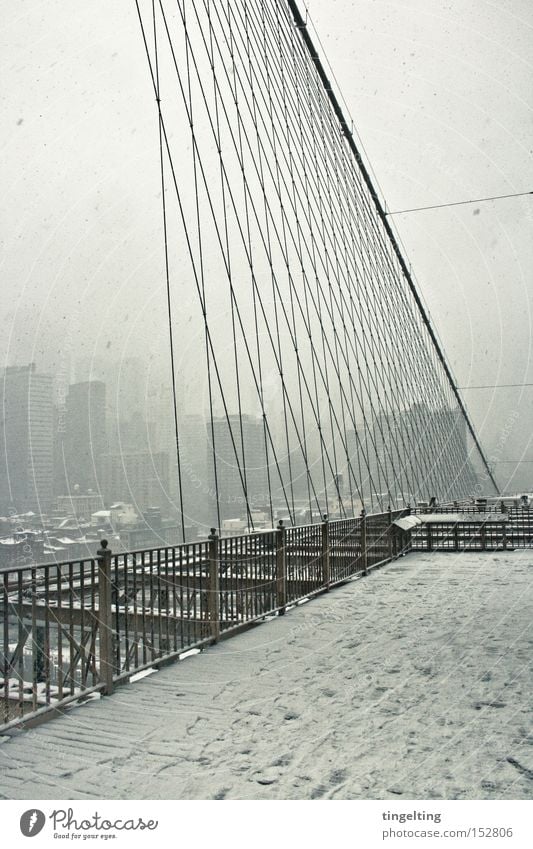 bridge view Brooklyn Bridge New York City Snow Handrail Rope High-rise Skyline Fog White Winter Aspire