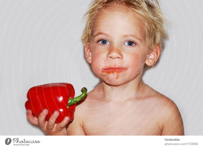 My favorite food is "Pikaka." Boy (child) Child Happy Pepper Vegetable Red Nature Contentment Nutrition Appetite Portrait photograph Bright Joy To enjoy