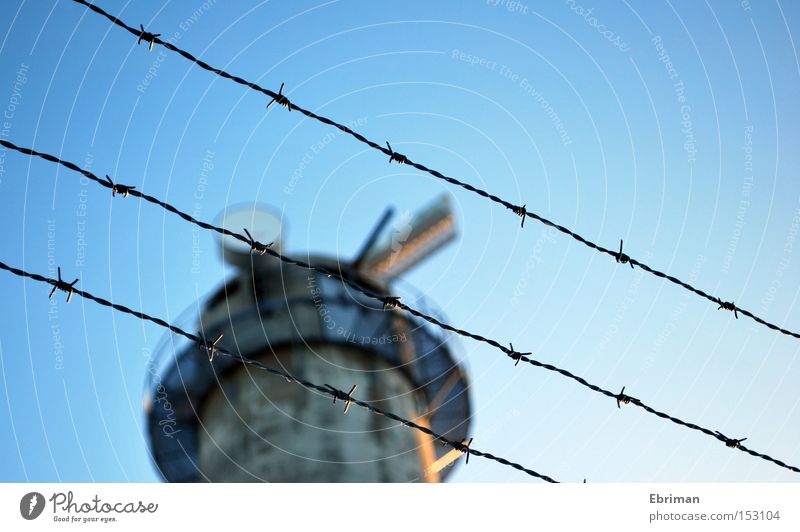 restricted area Barbed wire Fence Barbed wire fence Closed Radar station Tower Surveillance Broacaster Spark Concrete Border Peak Communicate