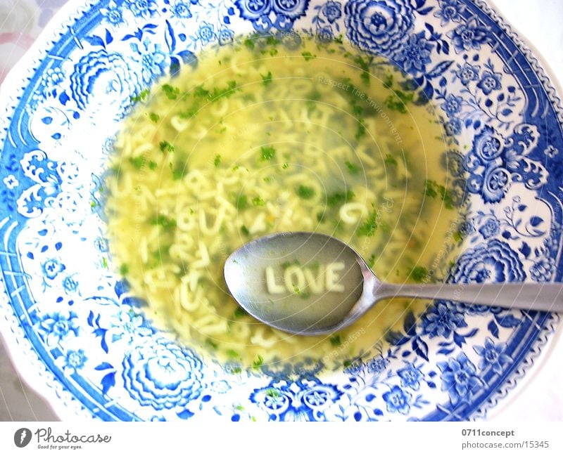 alphabet soup 4 lovers Alphabet soup Soup Noodle soup Spoon Delicious Plate Love Going Stomach Wholewheat Heart's content Midday Break Lovesickness Swabian Deep