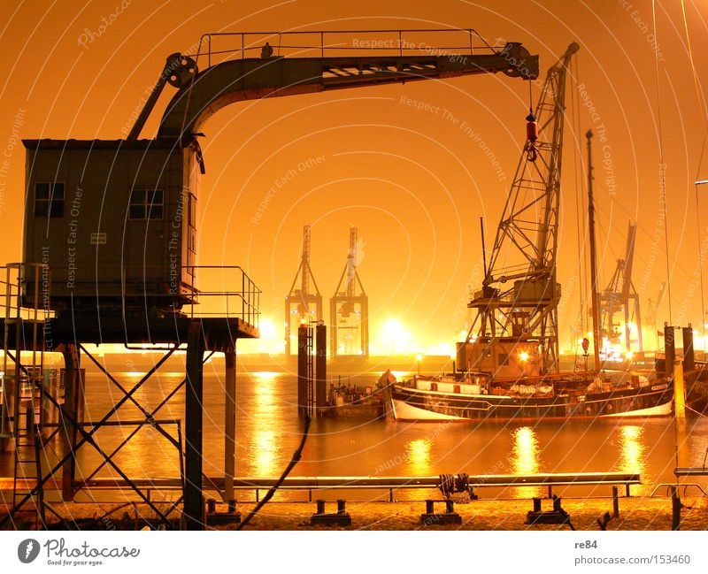 Hamburger hook Checkmark Harbour Orange Light Crane Water Trade Economy Goods Logistics Industry global economy