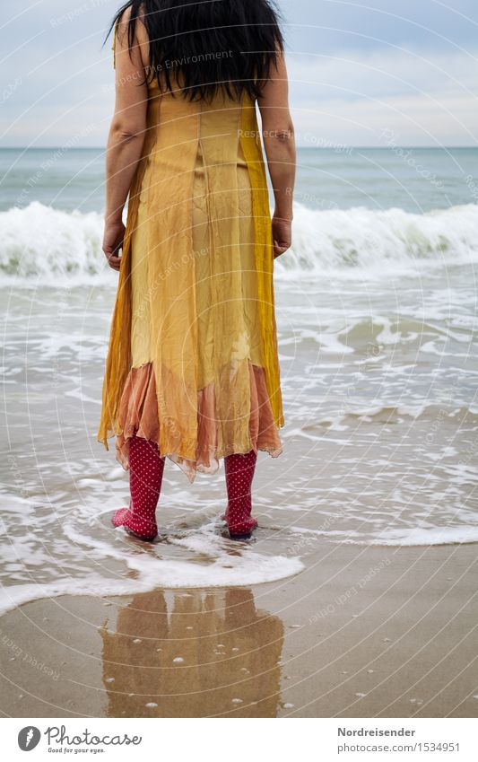 longing Style Harmonious Senses Relaxation Calm Meditation Far-off places Ocean Human being Woman Adults Elements Water Waves Beach North Sea Dress Rubber boots