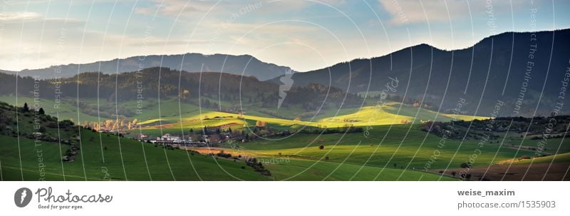 Spring in Slovakia. April sunny hills. Countryside panorama Vacation & Travel Tourism Mountain House (Residential Structure) Nature Landscape Sky Clouds Sunrise