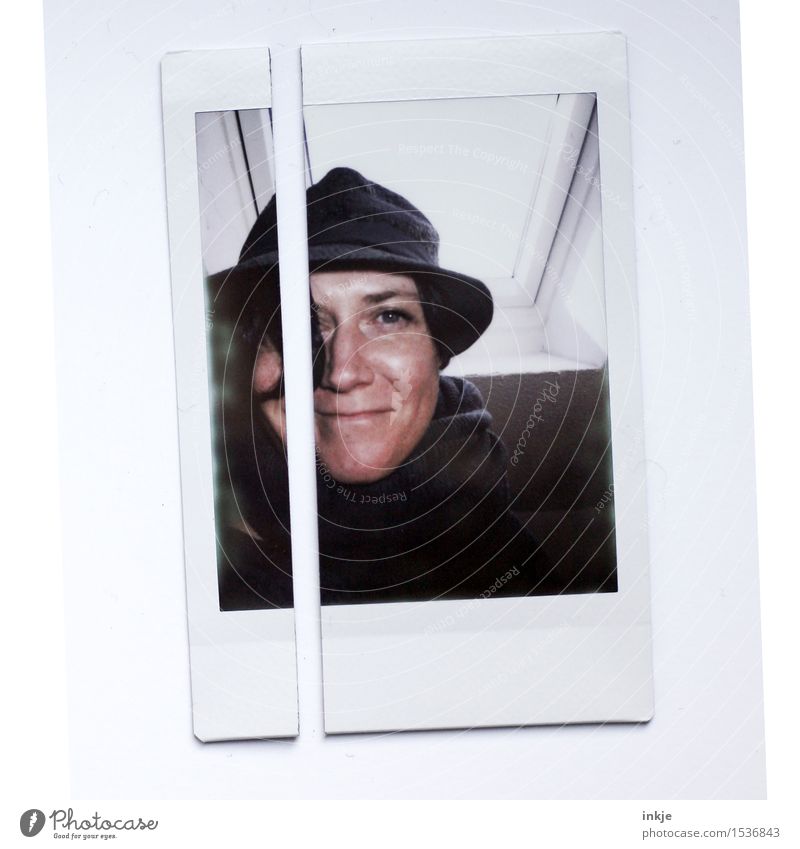 Self Portrait Polaroid Woman Adults Life Face 1 Human being 30 - 45 years Hat Smiling Exceptional Friendliness Picture-in-picture Cut Divided Colour photo