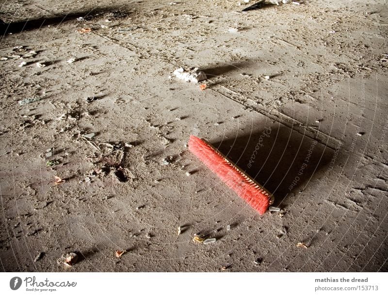 CLEAN. Broom Bristles Red Broken Dirty Dark Floor covering Ground Dust Shadow Shaft of light Loneliness Deserted Building rubble Still Life Derelict