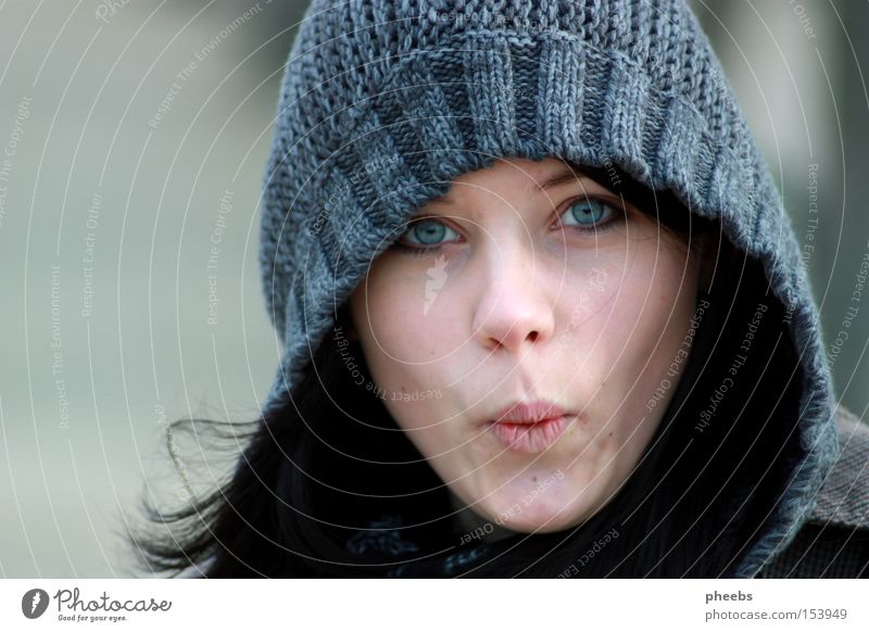 uhhuuuuu.o. Gray Woman Park Autumn Winter Cold Black Portrait photograph Face Amazed Pallid Hair and hairstyles Eyes Hooded (clothing) Exterior shot