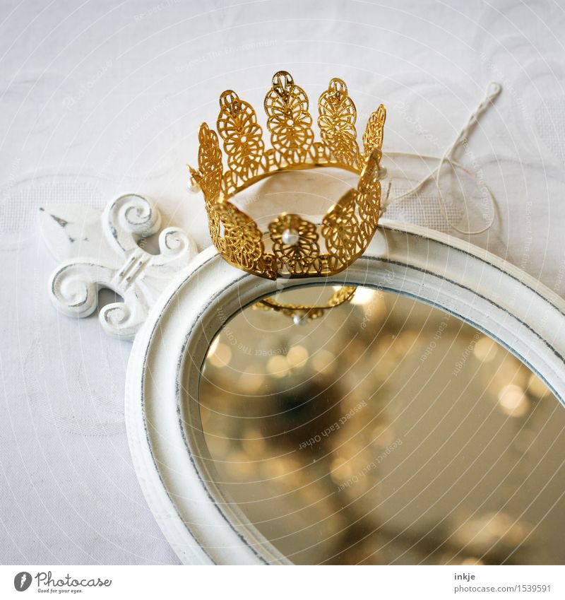 Crown, discarded. Lifestyle Leisure and hobbies Carnival Mirror Costume Wood Glass Gold Plastic Ornament White Infancy Dream Shabby Chic Old Ornate Colour photo