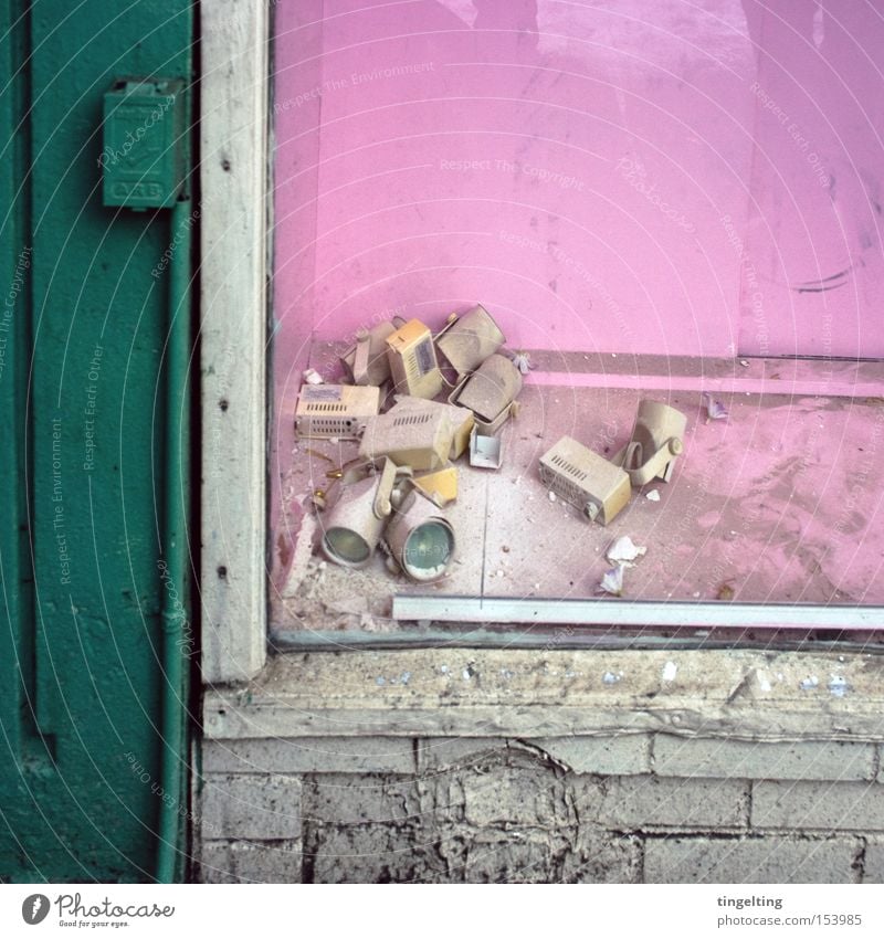 Look, windows! Shop window Old Broken Lamp Pink Green Loneliness Facade Multicoloured Colour Graphic Frontal Dirty Dust Derelict