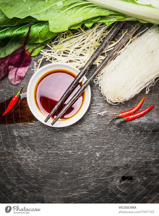 Soy sauce with chopsticks, rice noodles and vegetables Food Vegetable Herbs and spices Cooking oil Nutrition Lunch Dinner Vegetarian diet Diet Slow food