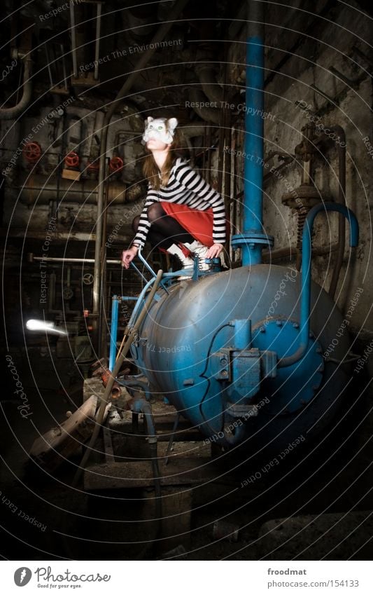 boiler spoiler Heater Heating Cellar Mask Surrealism Long exposure Iron-pipe Pipe Woman Dark Derelict Dirty Crouch Dress up Rust Dust cat light painting