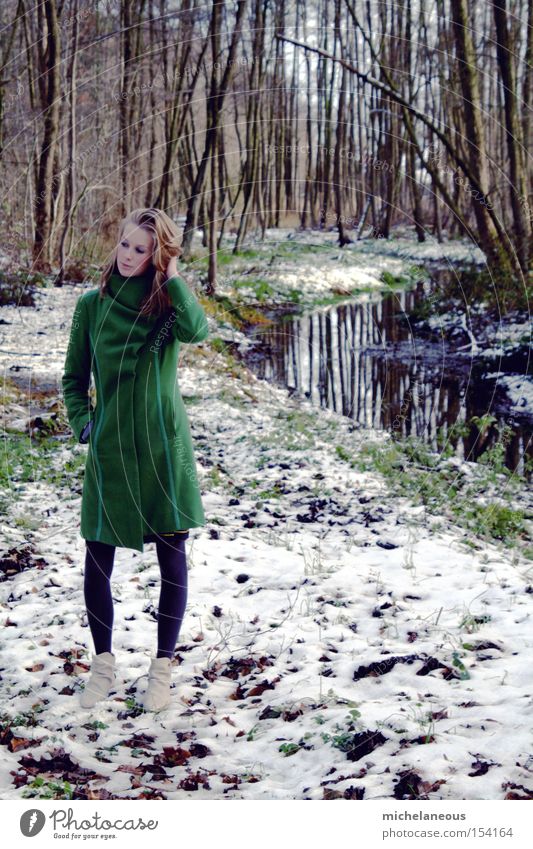 That's where you're standing now. Coat Green Forest Snow Brook Sheepish Beautiful Esthetic Tree Vertical Portrait format Reflection Tights Boots White Winter