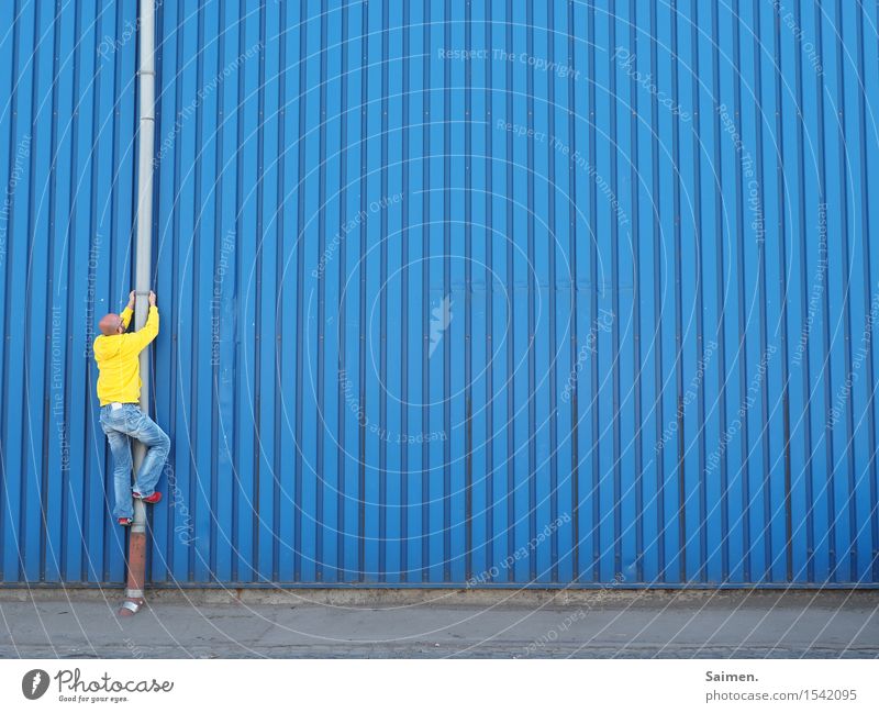 vertical perspective Human being Man Adults Body 1 30 - 45 years Industrial plant Wall (barrier) Wall (building) Facade Athletic Climbing Yellow Blue Downpipe