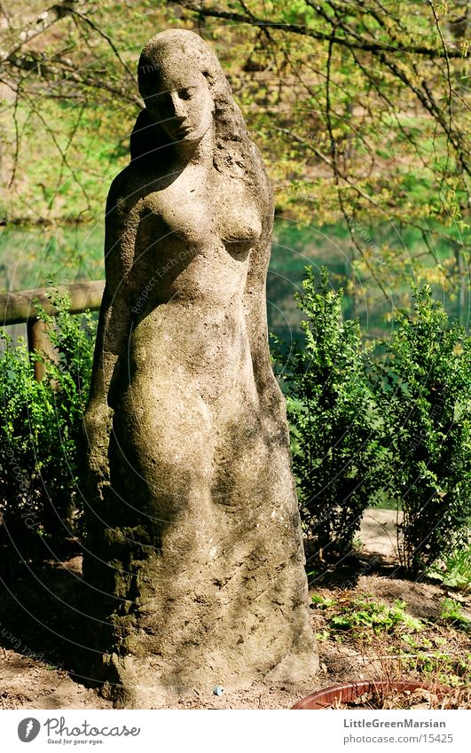 the beautiful lukewarm Statue Woman Gray Green Historic Stone Water Plant
