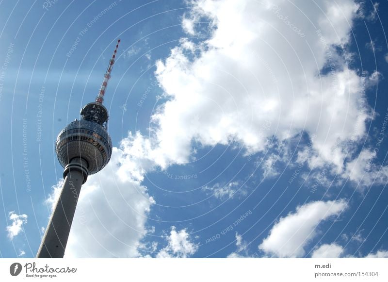 cloudbursts Berlin Transmitting station Berlin TV Tower Television tower Summer Sun Sky Clouds White Blue