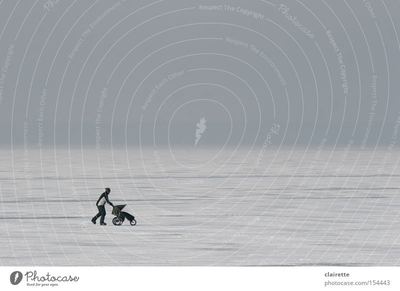 ice-skater Colour photo Subdued colour Exterior shot Copy Space top Winter Snow Winter sports Man Adults Ice Frost Pond Lake Baby carriage Going Walking Cold