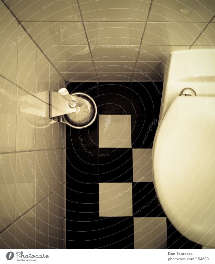 For fuck's sake! Toilet Toilet brush Pattern Checkered Bird's-eye view Tile Detail Section of image Partially visible Toilet seat Black White Corner