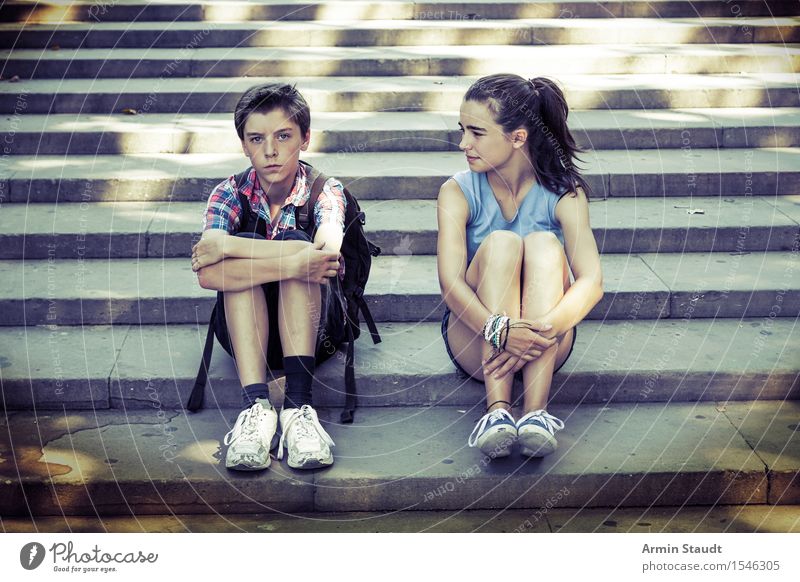 Siblings sit on the steps, one is angry Lifestyle Vacation & Travel Tourism Trip Sightseeing Summer vacation Human being Masculine Feminine Young woman