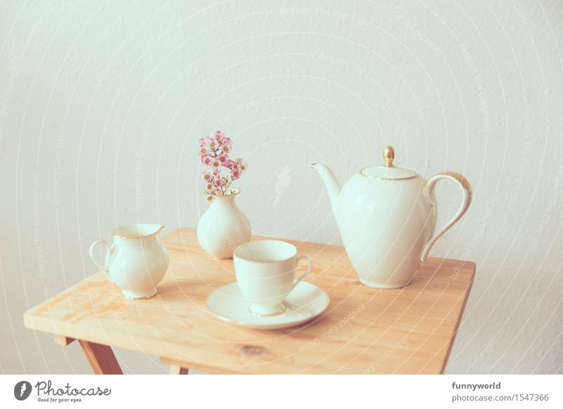leisure hour To have a coffee Retro Crockery Bouquet Coffee pot Coffee cup Vase Table Wood Wooden table Delicate Vintage Break Afternoon Sunday