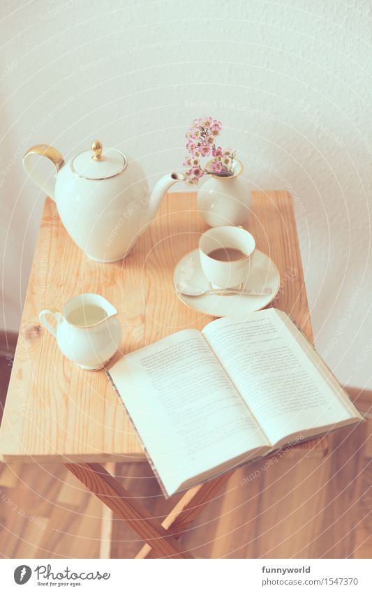 time-out Coffee Reading Table Book Struck Coffee cup Coffee pot Homey Decoration Break Jug Afternoon Closing time Crockery Old Colour photo Copy Space top Day
