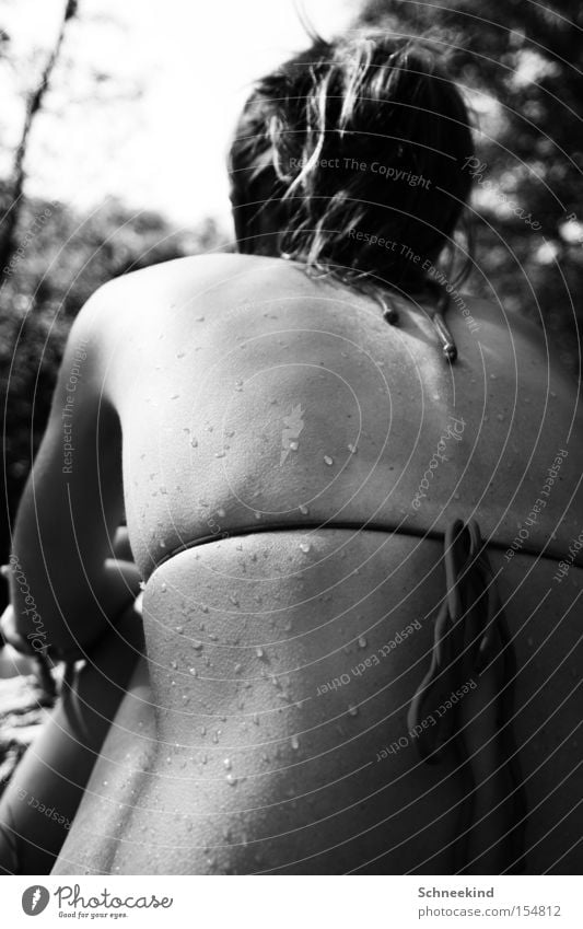 Also a nice back... Swimming & Bathing Woman Back Drops of water Bikini Bow Black & white photo Lady Dry Sun Sunbathing Spinal column Thin Rear view Summer