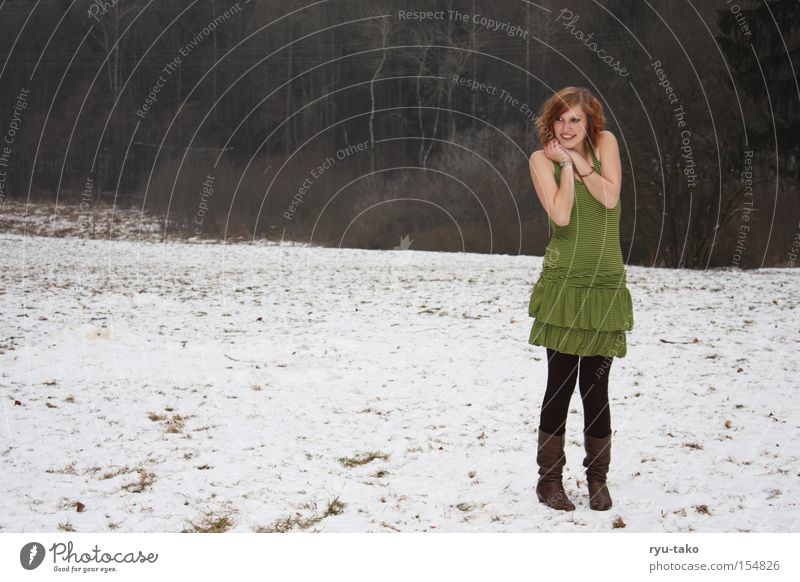 A little cold? Woman Dress Green Stripe Winter Snow Cold Boots Freeze Contentment Grinning Youth (Young adults)