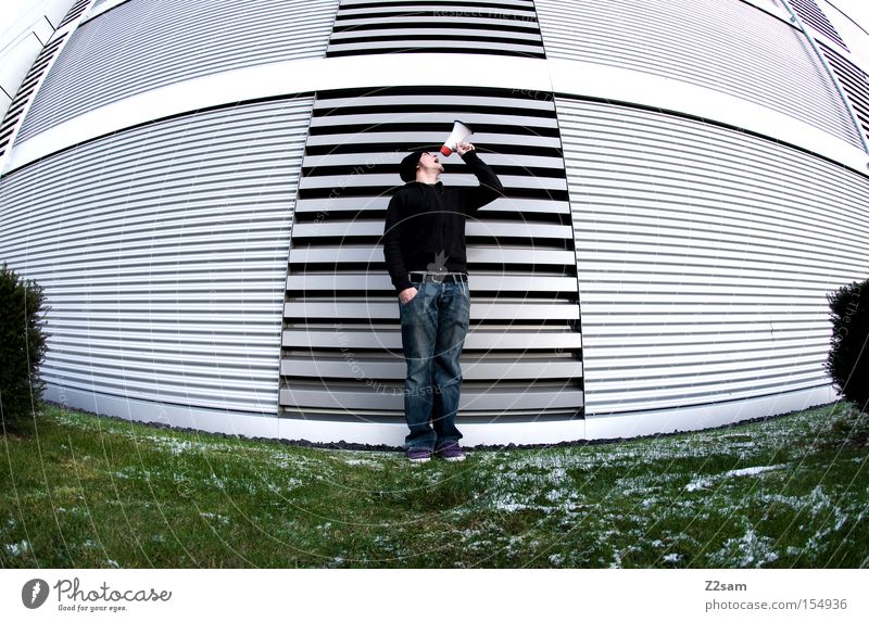 HELLO? Unwavering Scream Megaphone Human being Green Meadow Winter Futurism Style Architecture To talk Metal Posture