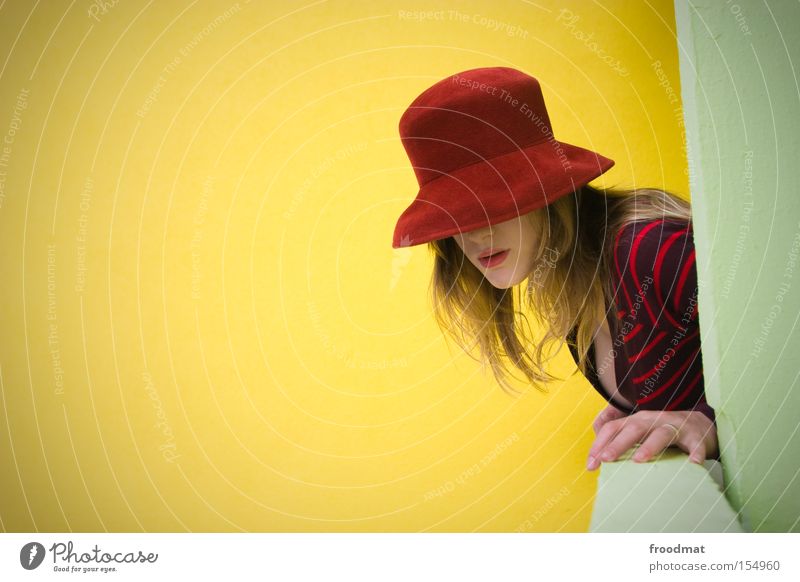 red hat Retro Hat Nostalgia Modern Style Woman Beautiful Cool (slang) GDR Wall (building) Balcony Posture Contrast Fashion
