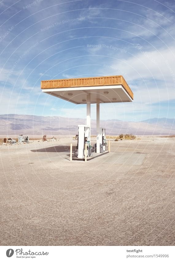 petrol station Environment Nature Sky Clouds Summer Warmth Drought Desert Village Deserted Manmade structures Building Transport Street Wait Exotic