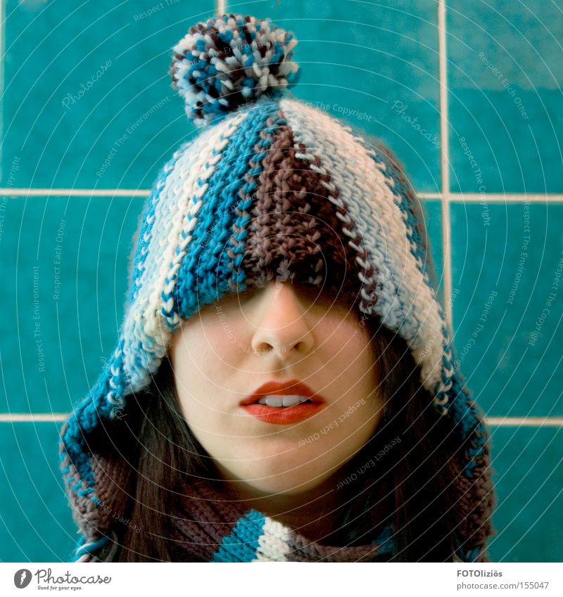 coldest winter Face Lipstick Winter Bathroom Human being Woman Adults Teeth Cap Cold Trashy Blue Red Tile Tuft Concealed Portrait photograph Forward
