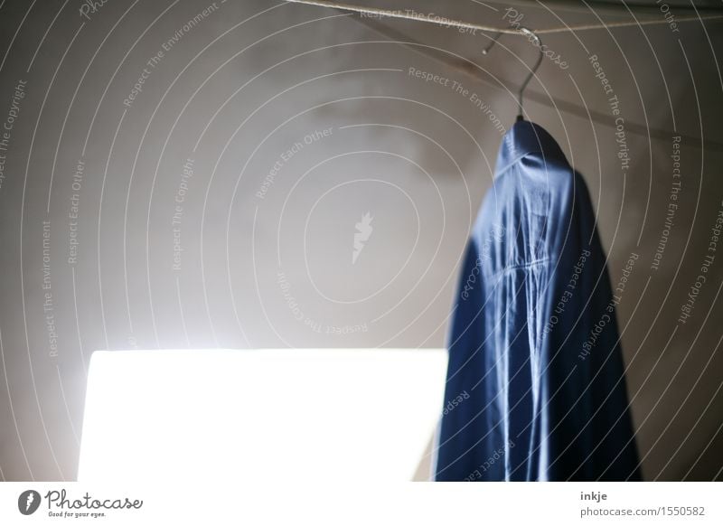 hang out Lifestyle Living or residing Attic Shirt Denim blue denim shirt Hanger Clothesline Clean Dry Blue Laundry Backwards Behind Looking away Colour photo