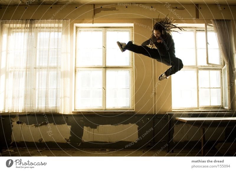 kung fu fighting Jump Kick Fight Chinese martial art Tread Karate Action Tension Tall Dangerous Attack Flying Fighter Room Window Sunlight Derelict Martial arts