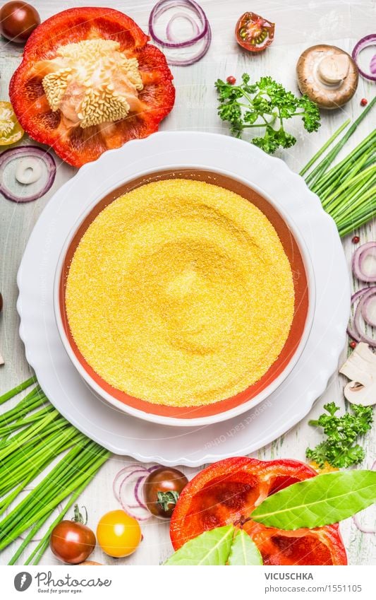 Polenta plates and various vegetables Food Vegetable Grain Herbs and spices Nutrition Lunch Dinner Buffet Brunch Organic produce Vegetarian diet Diet Plate Bowl