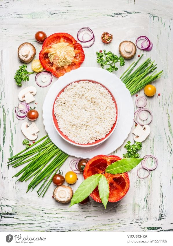 Risotto rice with vegetables and ingredients Food Vegetable Lettuce Salad Grain Herbs and spices Nutrition Lunch Dinner Buffet Brunch Banquet Organic produce