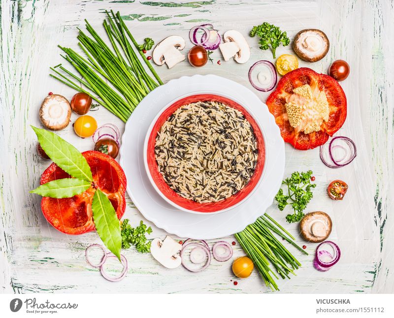 Wild rice with fresh vegetables and ingredients Food Vegetable Lettuce Salad Grain Nutrition Lunch Dinner Organic produce Vegetarian diet Diet Plate Bowl Design