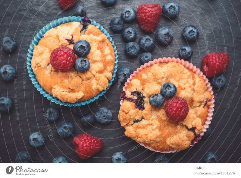 berry muffins Food Fruit Dough Baked goods Cake Dessert Nutrition To have a coffee Finger food Delicious Sweet Blue Yellow Red Blueberry Raspberry Slate
