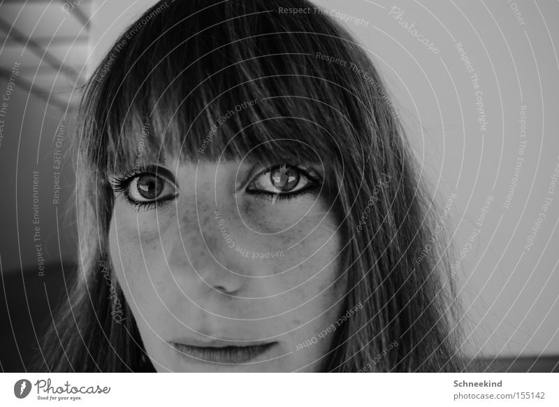 Can you see it? Portrait photograph Woman Bangs Reflection Eyes Black & white photo Solidify Expectation Hair and hairstyles Freckles Green Concentrate