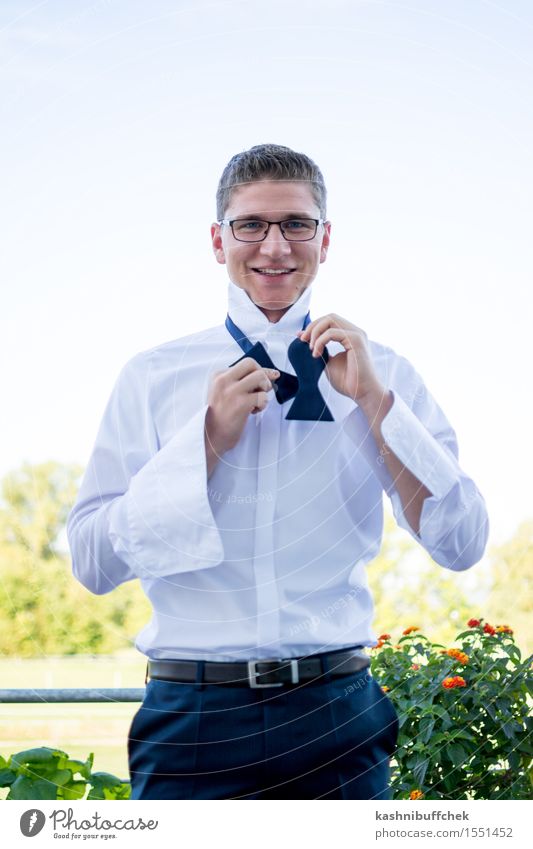 bowtie Masculine Young man Youth (Young adults) 1 Human being 18 - 30 years Adults Nature Cloudless sky Sunlight Beautiful weather Flower Tree Pasture Garden