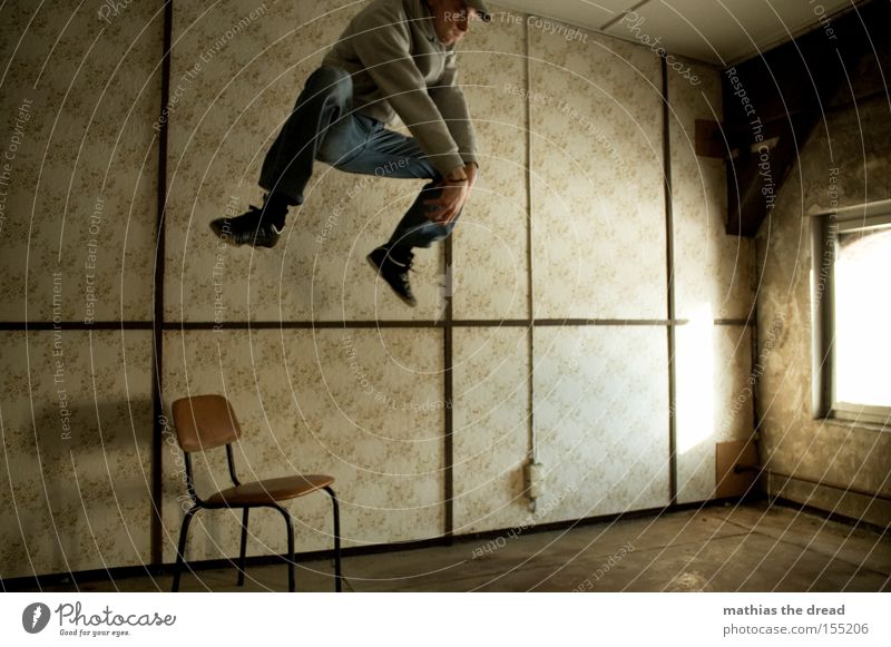 Bunny hop Jump Action Tension Tall Dangerous Attack Flying Fighter Room Window Sunlight Chair Wallpaper Line Whimsical Crazy Derelict Extreme sports Man Threat