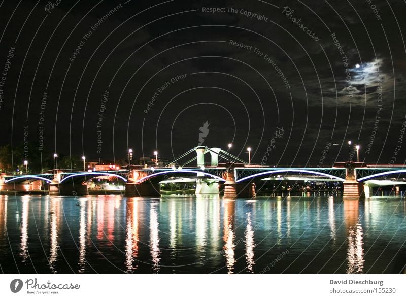 Bridge in the moonlight Light River Water Night Evening Moon Moonlight Clouds Lamp Reflection Frankfurt Main Long exposure Celestial bodies and the universe